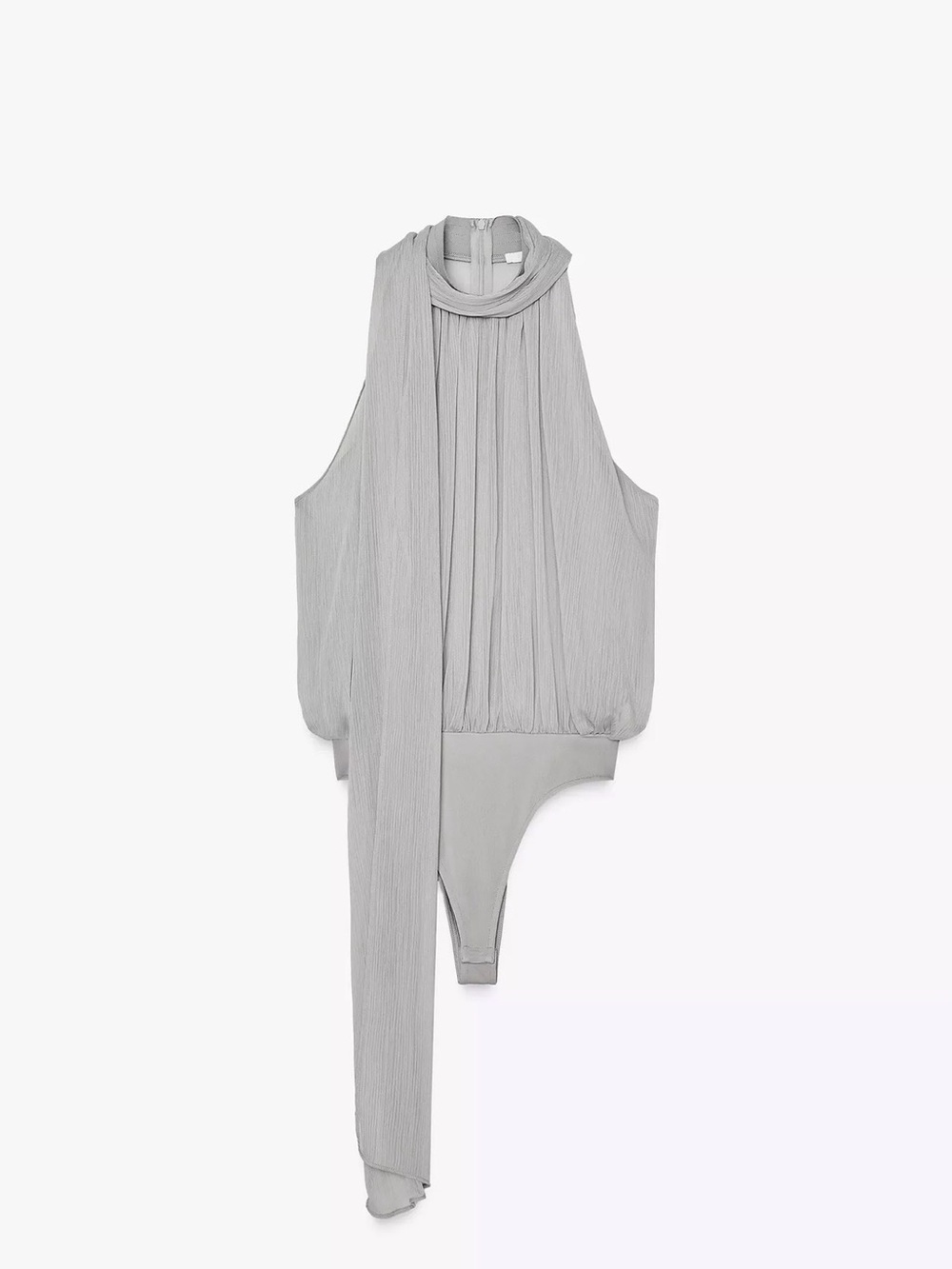 Zara Light Gray Draped Halter Bodysuit with Scarf Detail